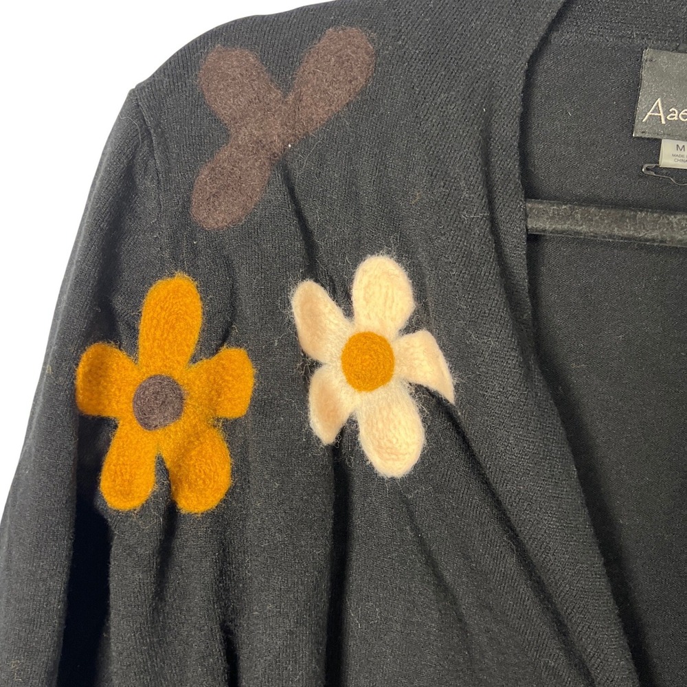 AAeda Women's Black Waterfall Sweater Cardigan with Boho‎ Flower Detail Medium - Picture 3 of 5